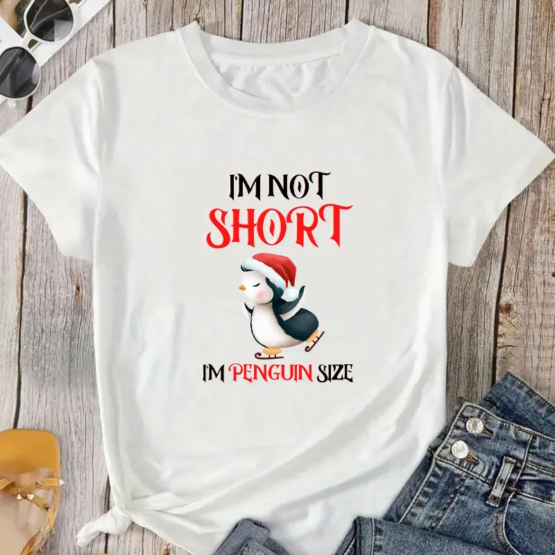 Im Not Short Im Penguin Size Letter Animals Print T-Shirt Crew Neck Short Sleeve T-Shirt Casual Every Day Tops Women\'s Clothing