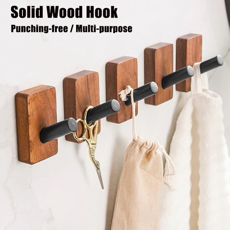 New Wood Hook Wall Decor Clothes Towel Bag Hanger Hook Punching-free Behind-door Coat Holder Rack Bathroom Towel Organizer Shelf