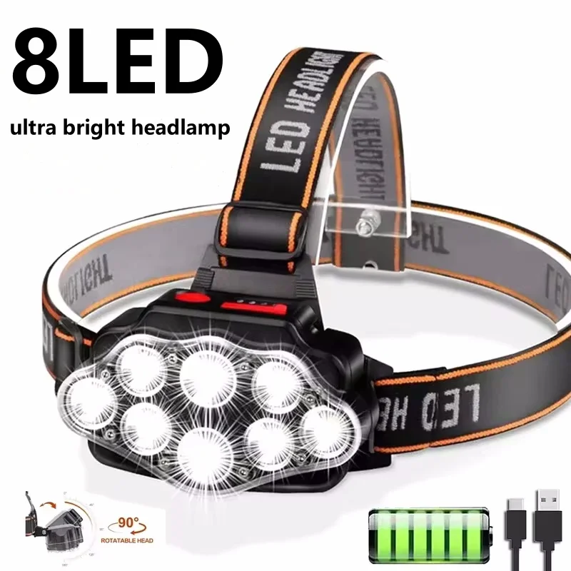 

LED Rechargeable Headlamp High Lumen Bright Head Lamp with 8 LED USB Headlight 4 Mode IPX4 Waterproof Head Flashlight Head Light