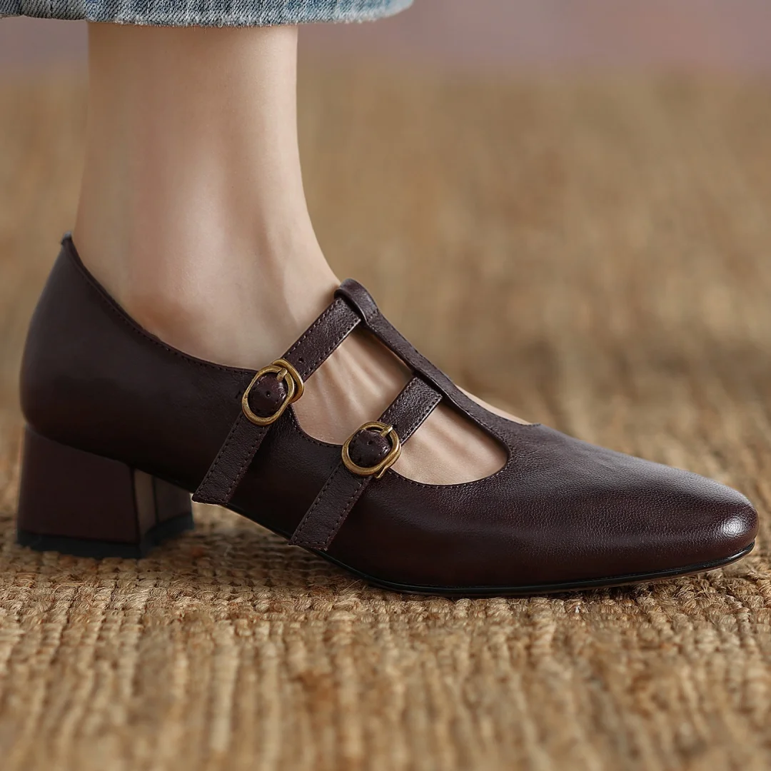 

Женские туфли-лодочки без шнуровки из овчины с двойной металлической пряжкой и Т-образным ремешком, элегантные женские повседневные туфли на среднем каблуке толщиной 4 см