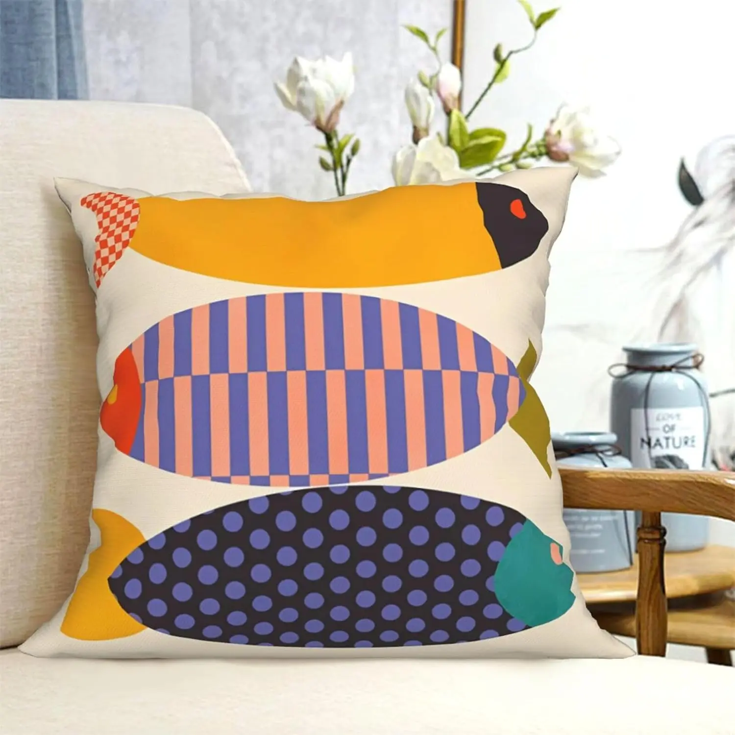 Colorful Boho Geometric Fish Print Pillowcase Cushion Cover Tropical Sea Life Nursery Decor Square 45x45cm Accent Pillow