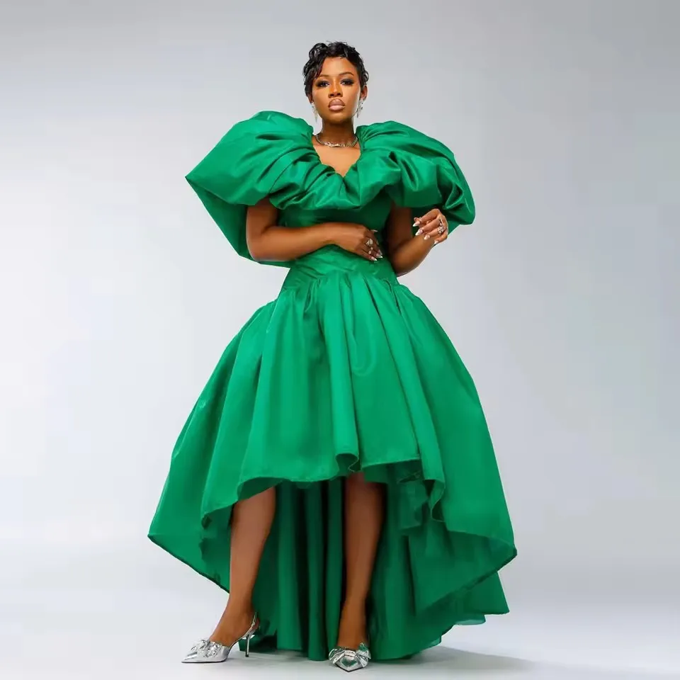 2026 Fashionable Green Satin High Low Maxi Dress with Bubble Short Sleeves Draped Detail for Women Formal Party Wear
