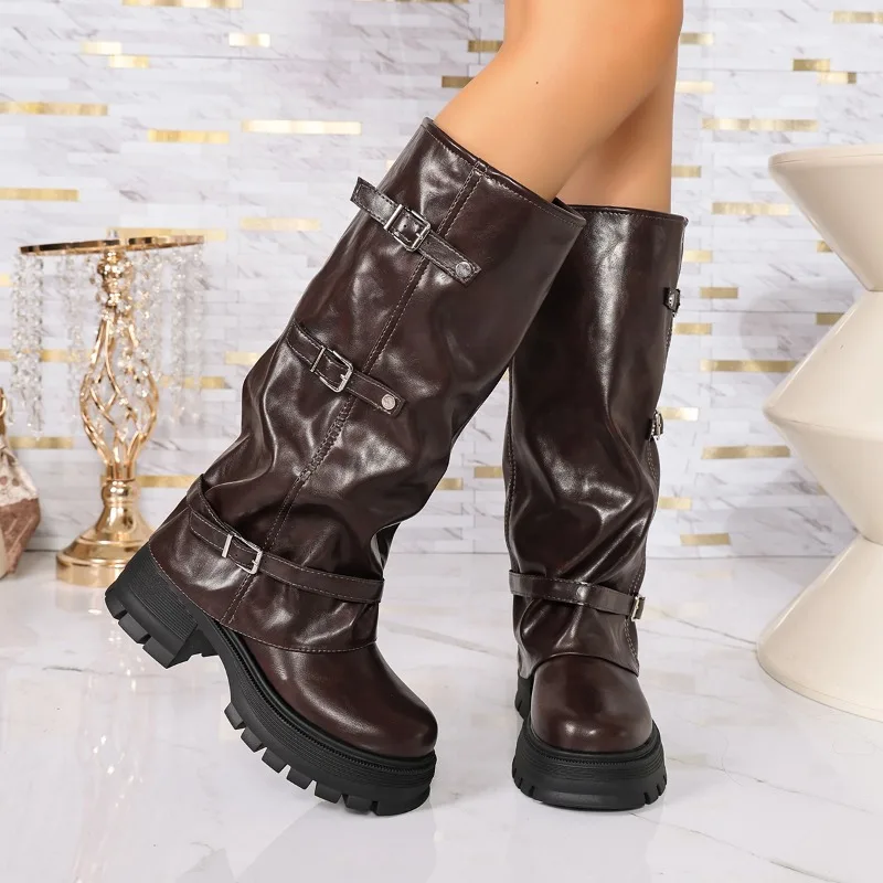 Platform Chunky Sole Women Knee High Boots Multi Buckle Strap Shoes Autumn Winter Ladies Non Slip Long Motorcycle Boots