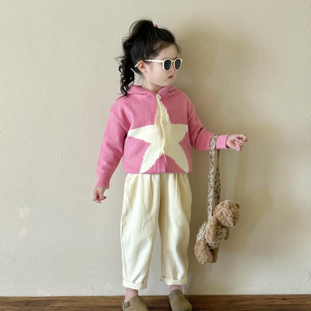 

Girls Clothes 2024 New Autumnrose Pink Star Printed Sweater Cardigan Beige Soft Casual Fashion Pants Sweet Two Piece Set