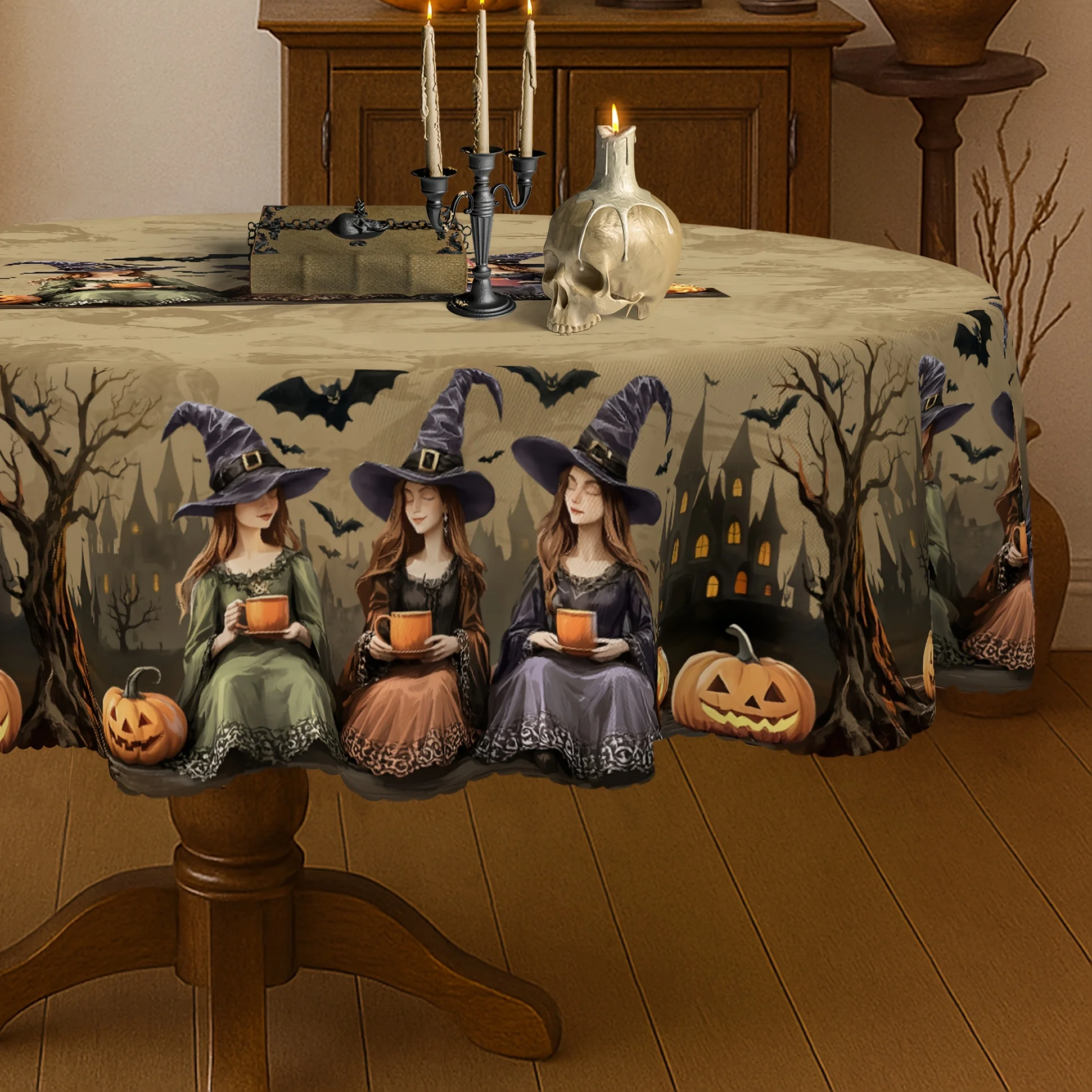 1 piece, vintage Halloween tablecloth, witch castle design - Halloween gift, suitable for family kitchenzyc