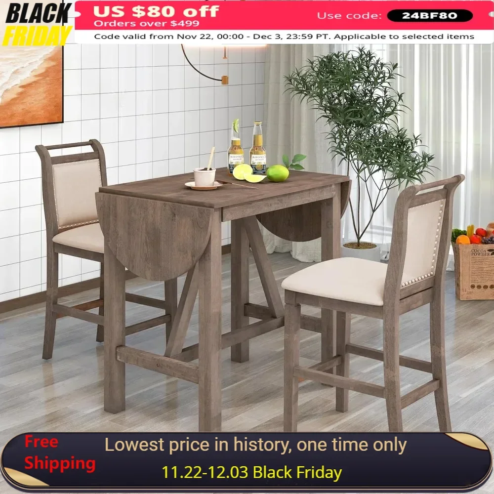 3 Piece Counter Kitchen Dining Set with Drop Leaf Dinings Table and 2 Dinings Padded Chairs, Dining Room Set for Small Places