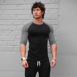 Plain Fitness Three Quarter Sleeve Shirt Mens Training Clothing Cotton Breathable T-shirt Slim Fit Gym Bodybuilding Muscle Tops
