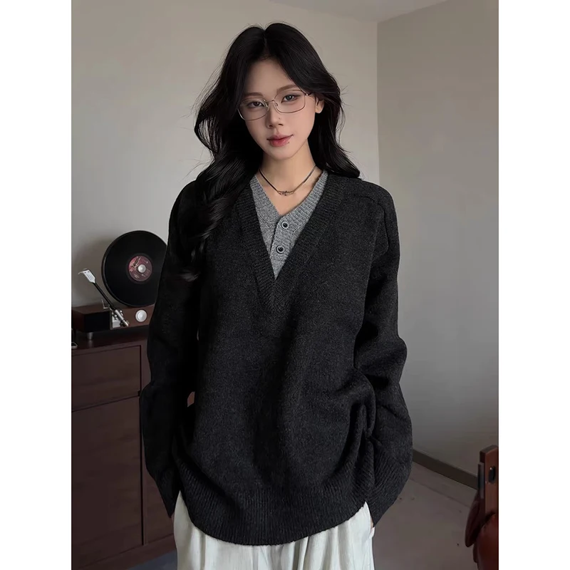 

YIBASHU Women Gray V-Neck Pullover Sweater Vintage Preppy Style Jumper Knit Long Sleeves Cashmere Sweater Autumn 2000s Clothes