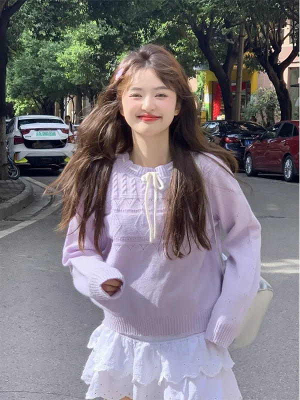 

Корейский нежный свитер, женский осень 2023, новый свободный длинный вязаный топ с поясом и поясом высокого класса