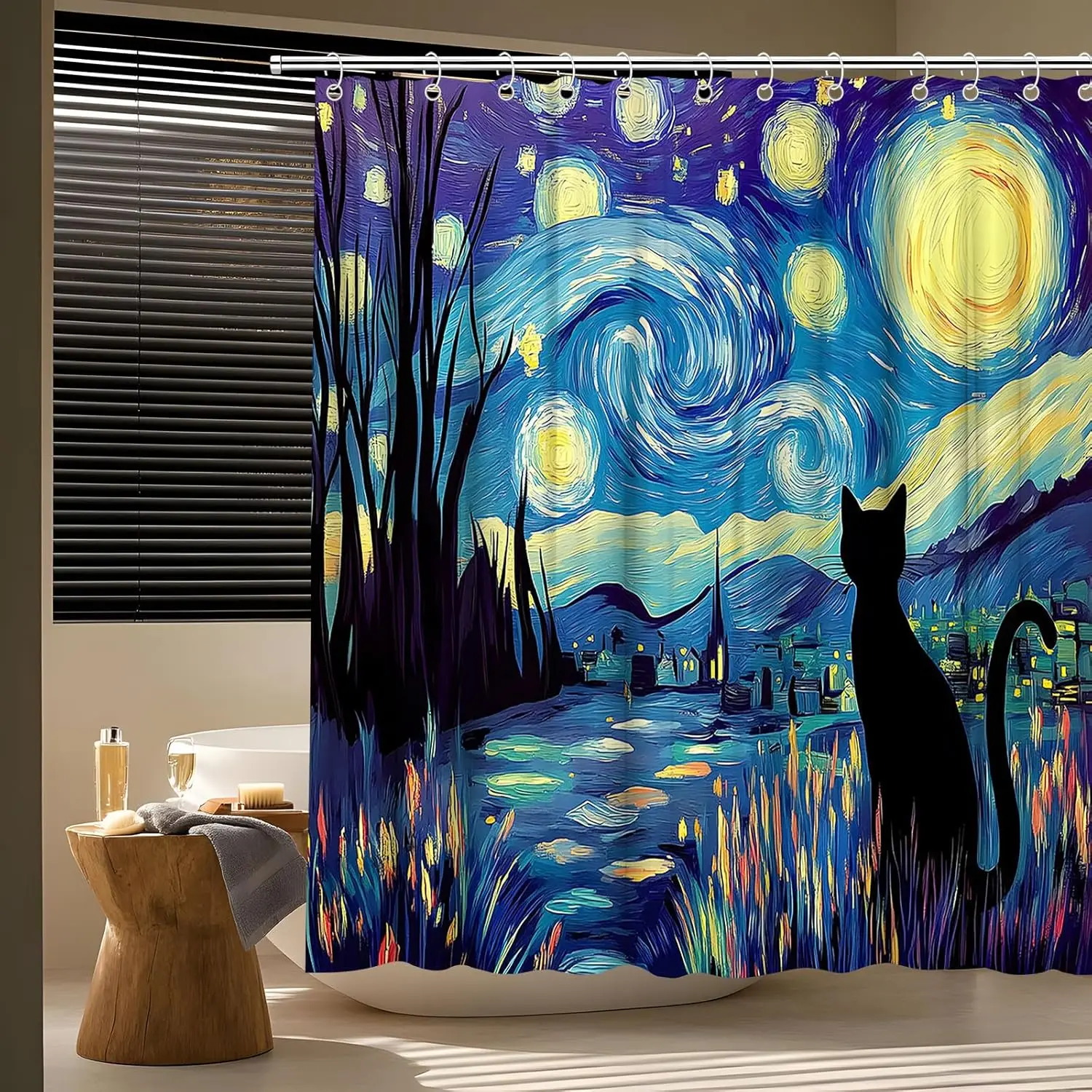 Funny Starry Night Black Cat Shower Curtain Abstract Oil Painting Kitten Moon Stars Mountain Forest Modern Art Bath Curtain