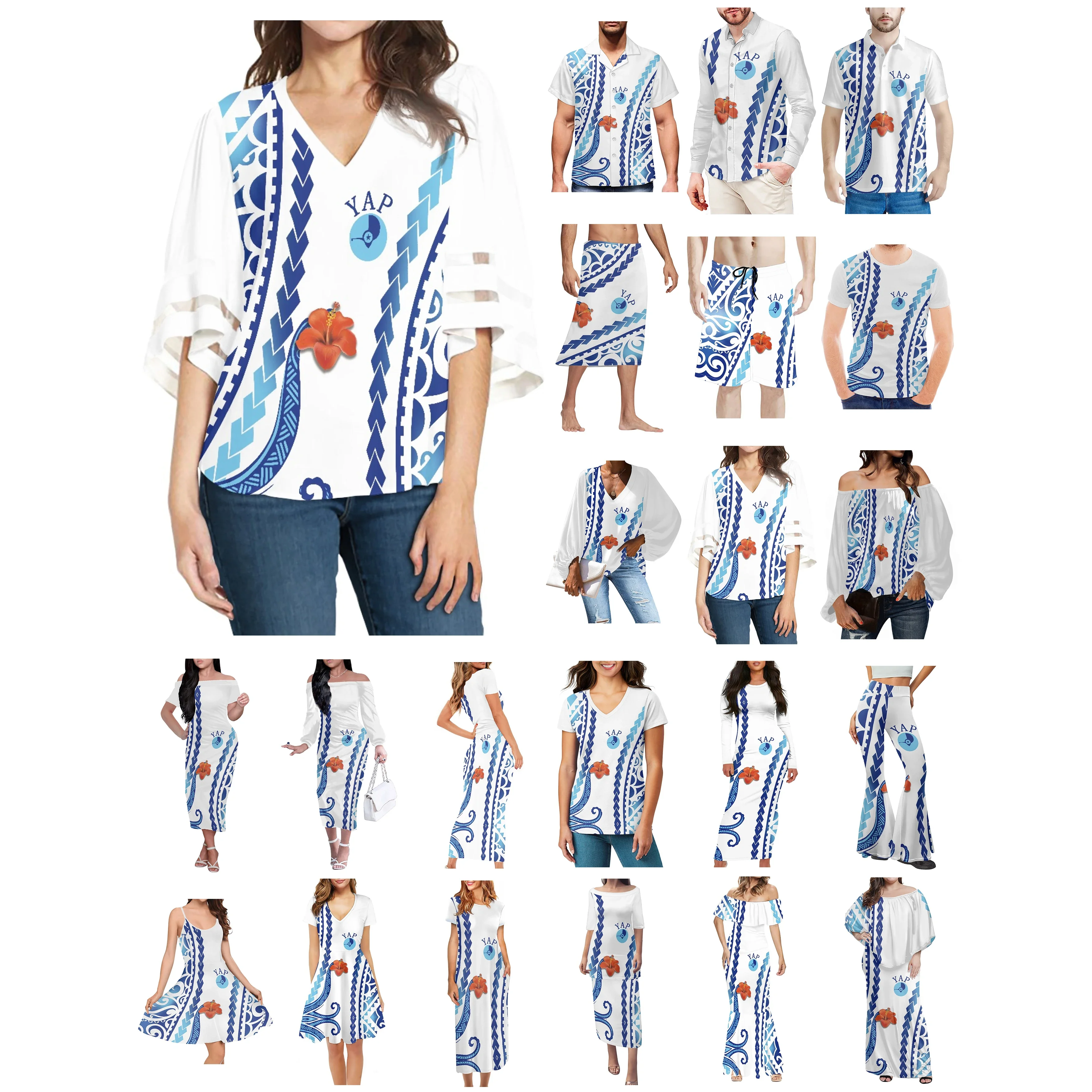 Polynesian Yap Tattoo Prints Clothes Women Dress Matching Men Shirt New Style Casual Comfortable White Blue Lovers Clothes Wear