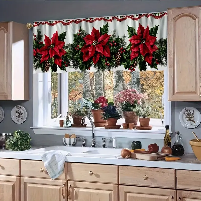 VIKAMA Window Valance Curtain Poinsettia Pine Cone Print Kitchen Cafe Curtain for Kitchen Window Home Holiday Festive Decor