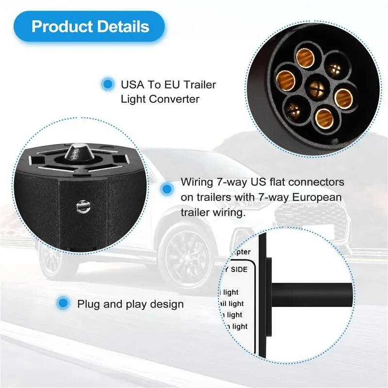 USA To EU Trailer Light Converter US 7-Way Blade Socket To EU 7-Pin Round Plug