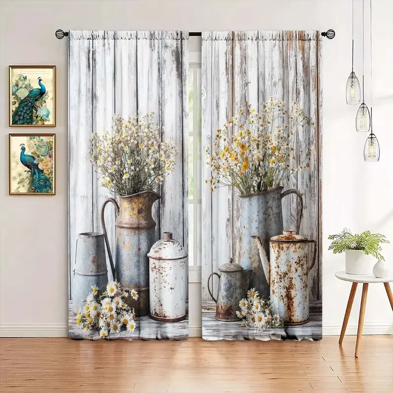 

Retro wooden door pattern printed curtains, Christmas decorations, bedroom and living room, home decoration, room decoration