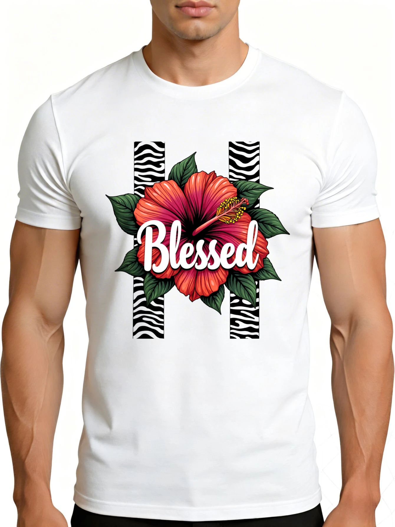 Casual Fashion Men's T-Shirt with Tropical Floral and Zebra Print Blessing Design, Summer Wear, Gift for Friends and Family