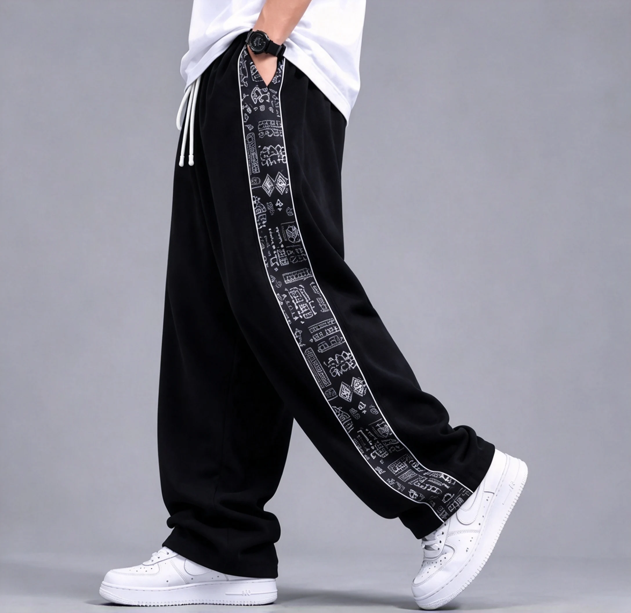 New Classic Street Style Paisley Straight Leg Pants Unisex, Decorative Side Geometric Print Skate Activity And Casual Hangout