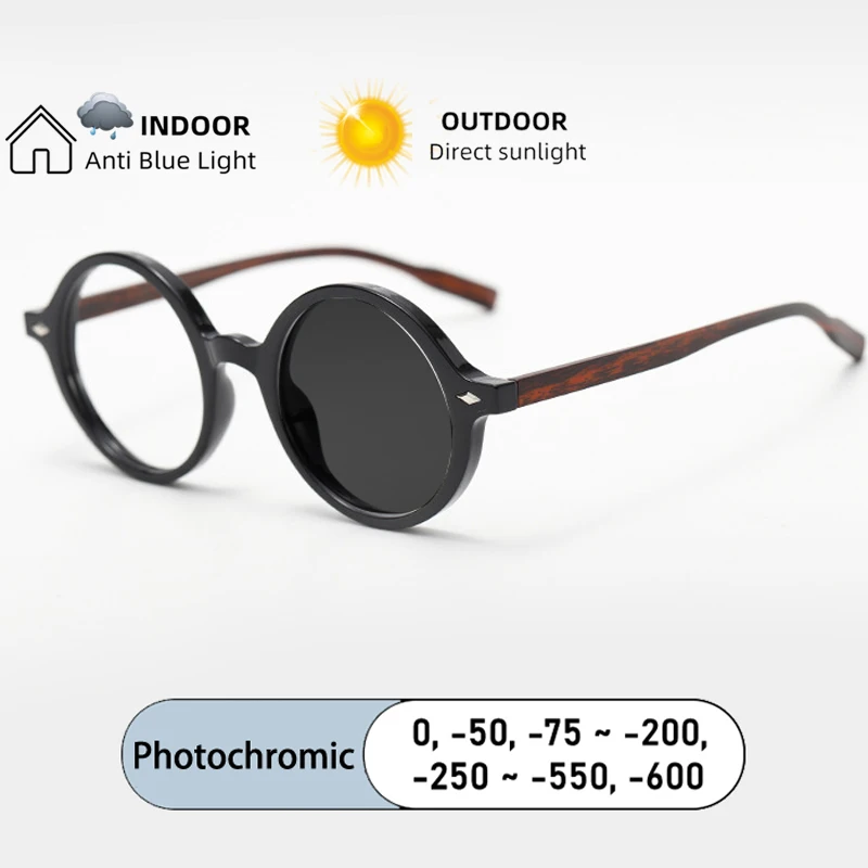 Brand Design Japanese-style Round Vintage Frame Myopia Glasses Prescription Photochromic Anti Blue Ray Women Nearsight Eyewear