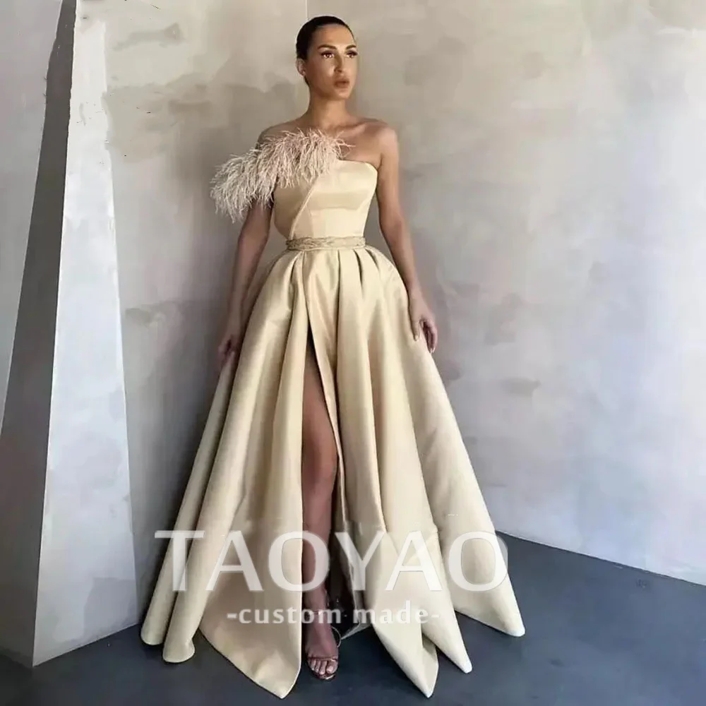 Champagne With Feathers A-Line Evening Dresses For Woman Strapless Sleeveless Side Split Wedding Guest Dress 2024 Prom Gown