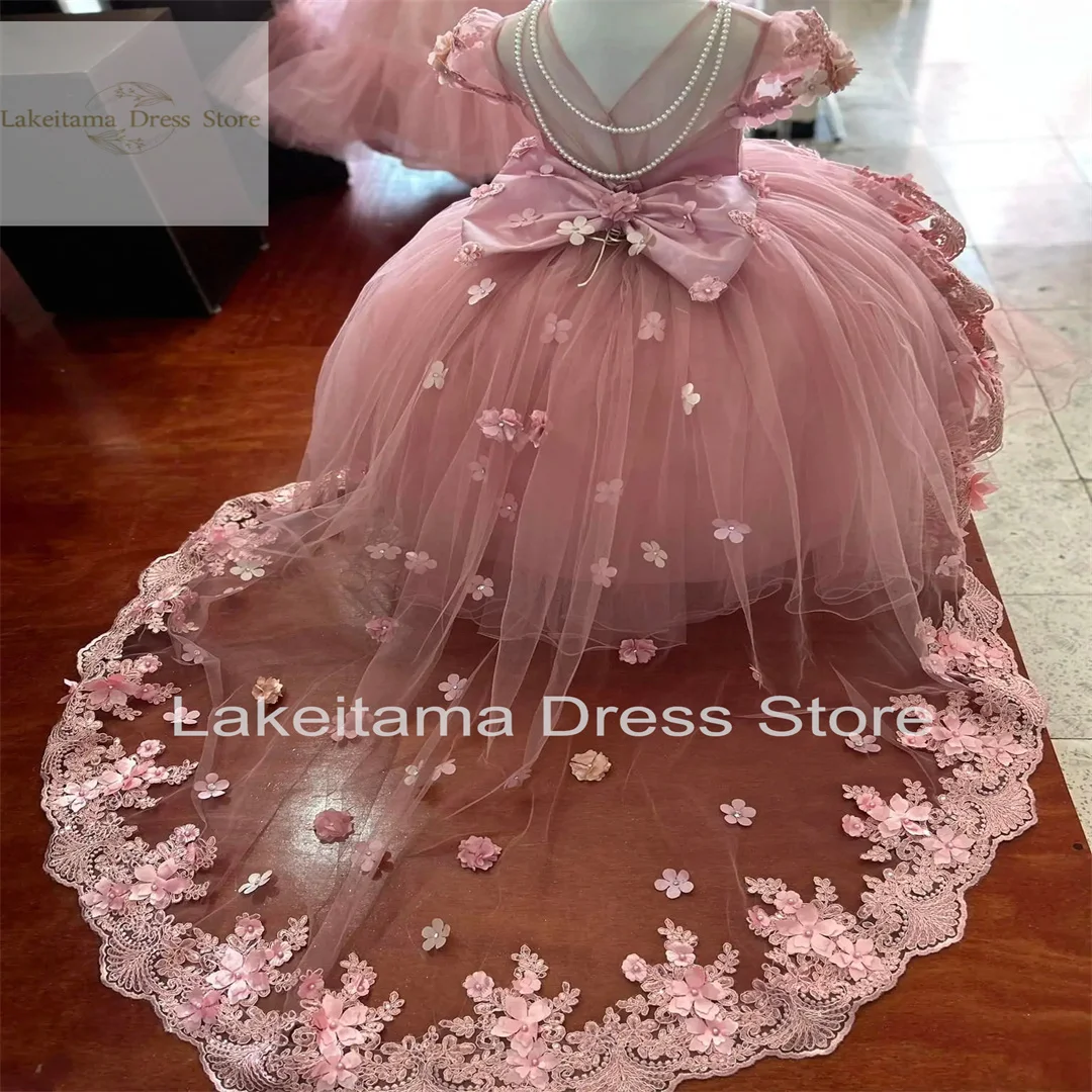 3d Applique Pink Flower Girl Dress For Wedding Puffy Tulle Floor Length Birthday Party Dress Pageant Toddler Baby Prom Gowns