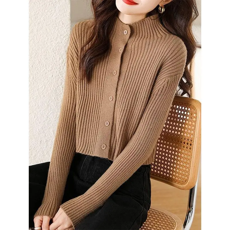 

Korean Half Height Collar Knitting Cardigan Autumn Winter Vintage Simplicity Buttons Solid Color Sweater Women Clothes Top Tee