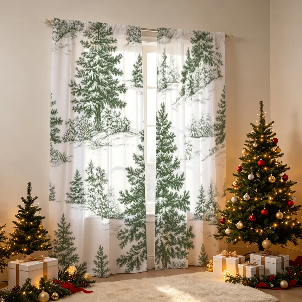 2PCS Green line art snowy pine Print Curtains, Bedroom Window Drapes, Rod Pocket Polyester, Home Decor Holiday Decoration