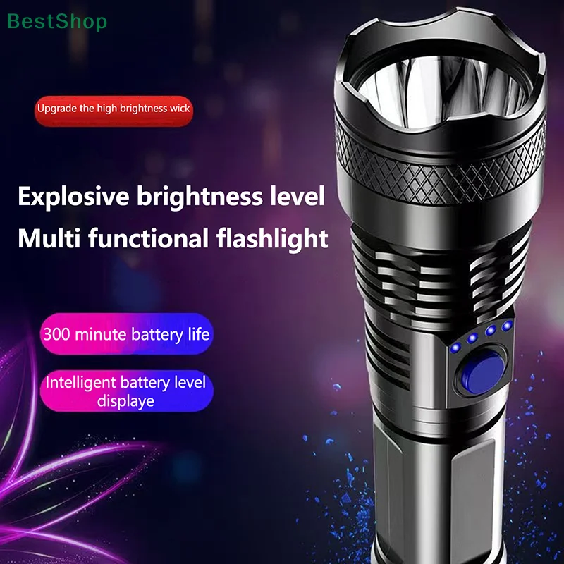 Bright Flashlight ABS Strong Light Led Flash Light USB Rechargeable Power Display Portable Outdoor Multi-function Torch