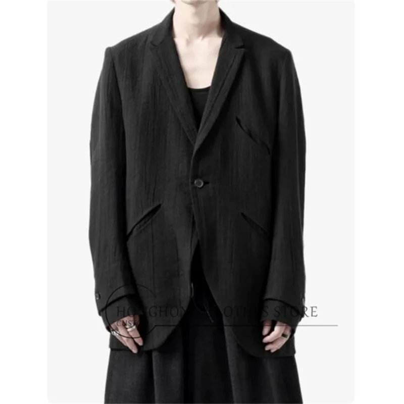 Black textured pleated suit. Customized size. Retro and simple one-button double-sleeved black wind jacket.