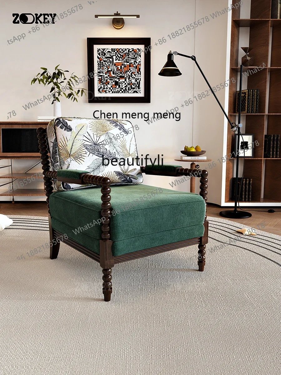 A182 C French retro single sofa chair living room solid wood armrest leisure chair printed fabric backrest balcony tiger chair