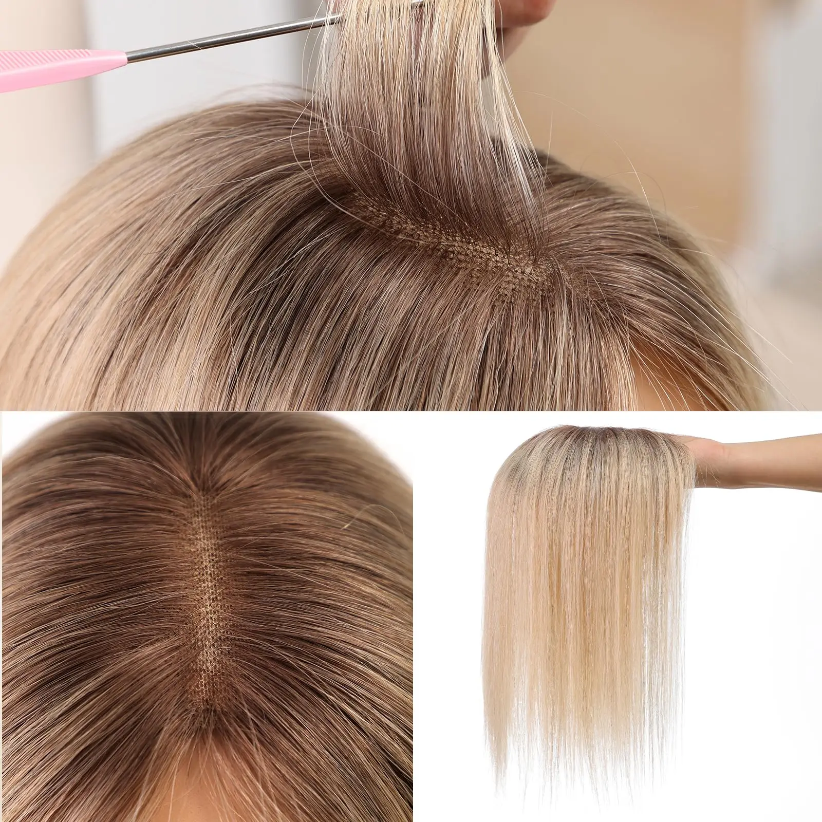 14 Inch Blonde to Brown Ombre 100% Human Hair Toppers with Dark Root Middle Part Lace Base Clip In Hairpiece Remy Extensions