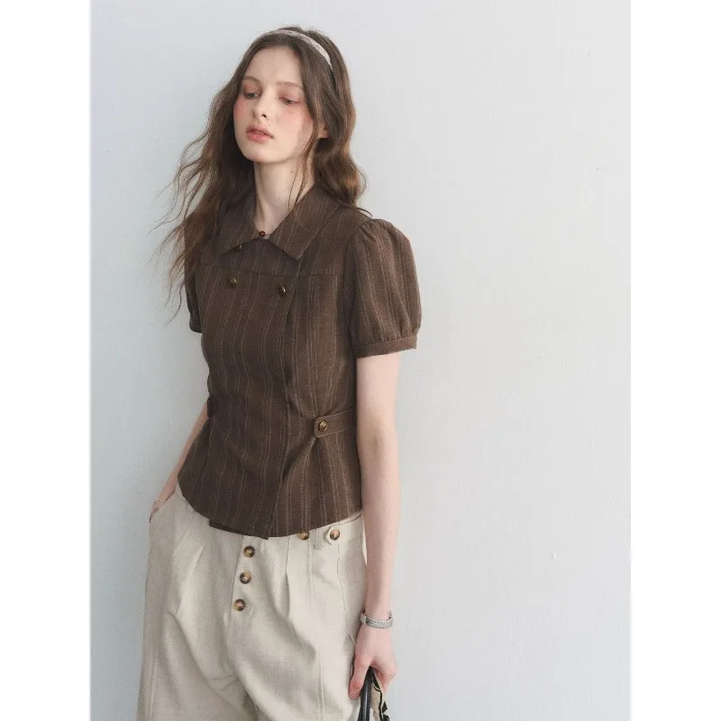 

Women's Brown Striped Short Sleeve Blouse with Double Breasted & Waist Buckle