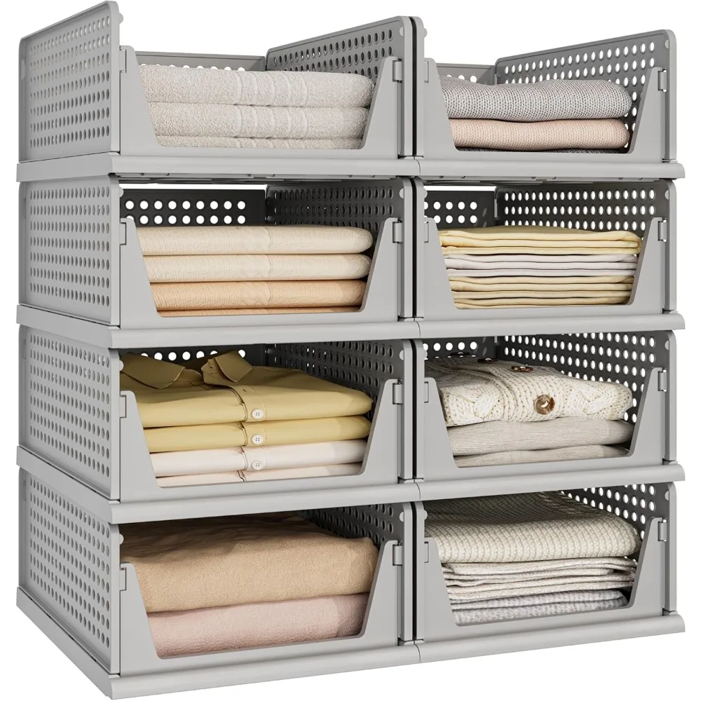 Pinkpum 8 Pack Closet Organizers and Storage Plastic Stackable Storage Bins, Foldable Drawer Shelf Storage Container for Wardrob