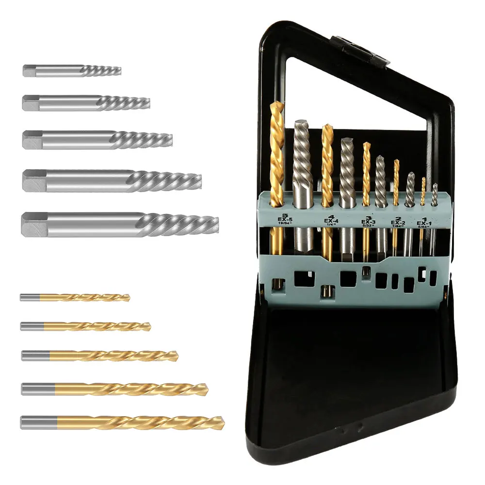 10pcs Drill Bit Set Cobalt Left Hand Accessories Broken Bolt Damaged Screw Extractor Set Metal Case Quality Perforator Tools