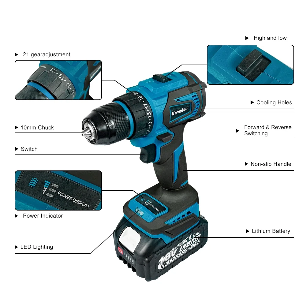 Kamolee 10MM Brushless Electric Impact Drill Cordless Screwdriver Lithium Battery Charging Hand Drill For Makita 18V Battery