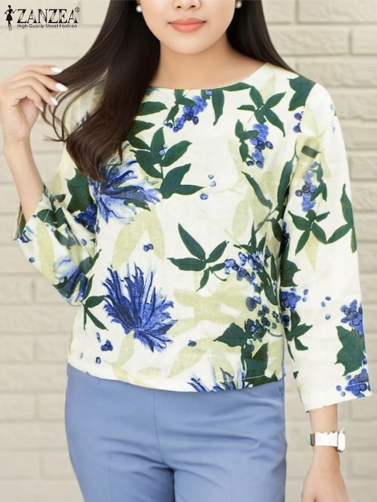 2025 ZANZEA Bohemian Blouse Oversized Women Autumn Print Shirts Fashion 3/4 Sleeve Casual Loose Tunic Tops Ladies Vintage Blusas