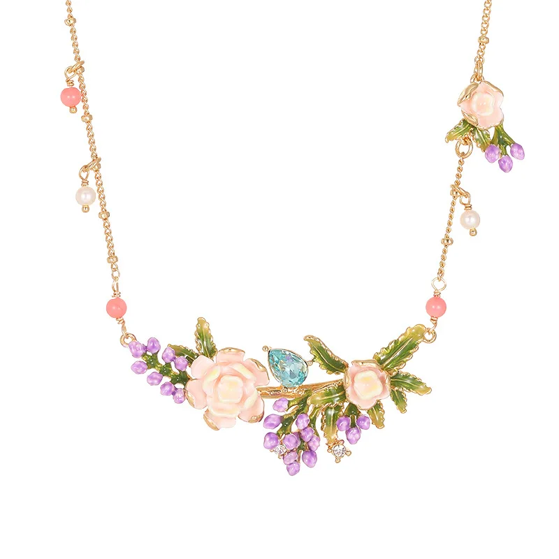 

1Pc Exquisite Enamel Lavender Floral Necklace,Rose And Sapphire Choker,Sweater Decor Pendant Accessories,Christmas Party Gift