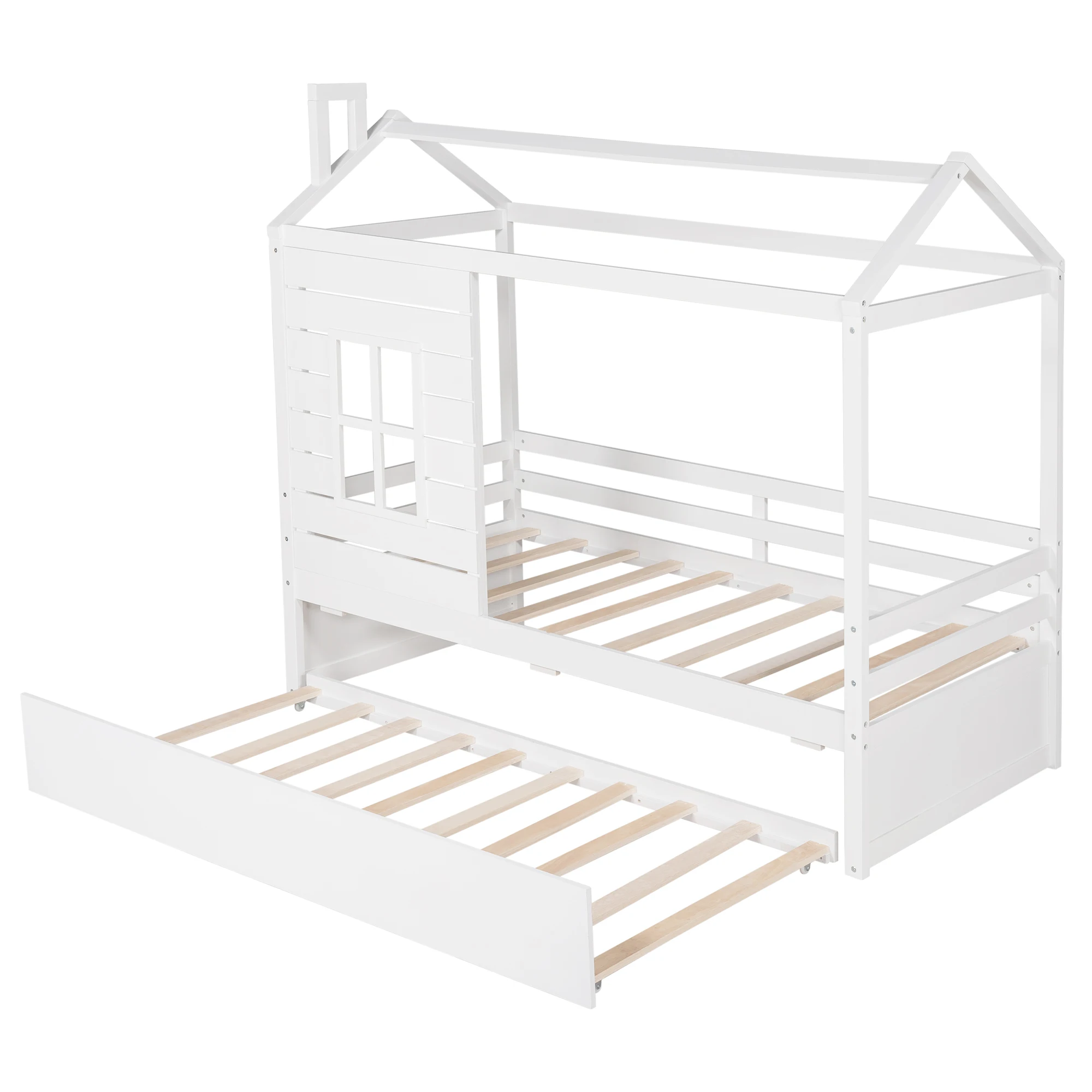 Cama de madeira com espaço de armazenamento para quarto infantil, casa tamanho gêmeo, cama branca com bandeja, perfeita para tamanho gêmeo