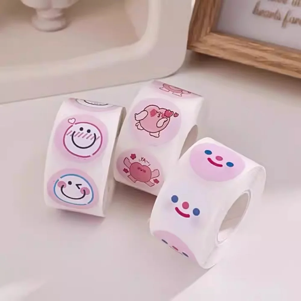 500pcs/Roll Korean Style Smiling Face Stickers round Sealing Sticker Adhesive Label Pink Cartoon Roll Sticker
