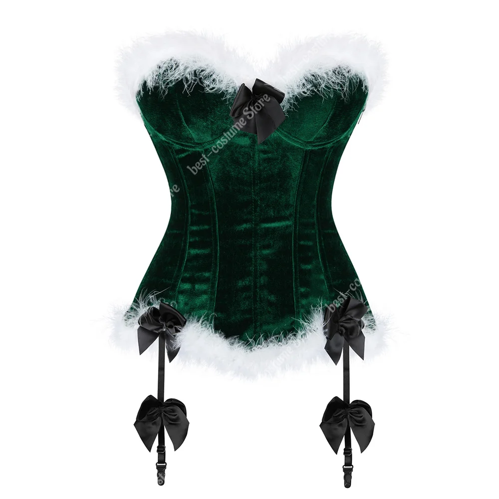 Bustier Top Corset with Feathers White Overbust Corset Top Christmas Costume Santa Cosplay Red Green Bodices and Corsets