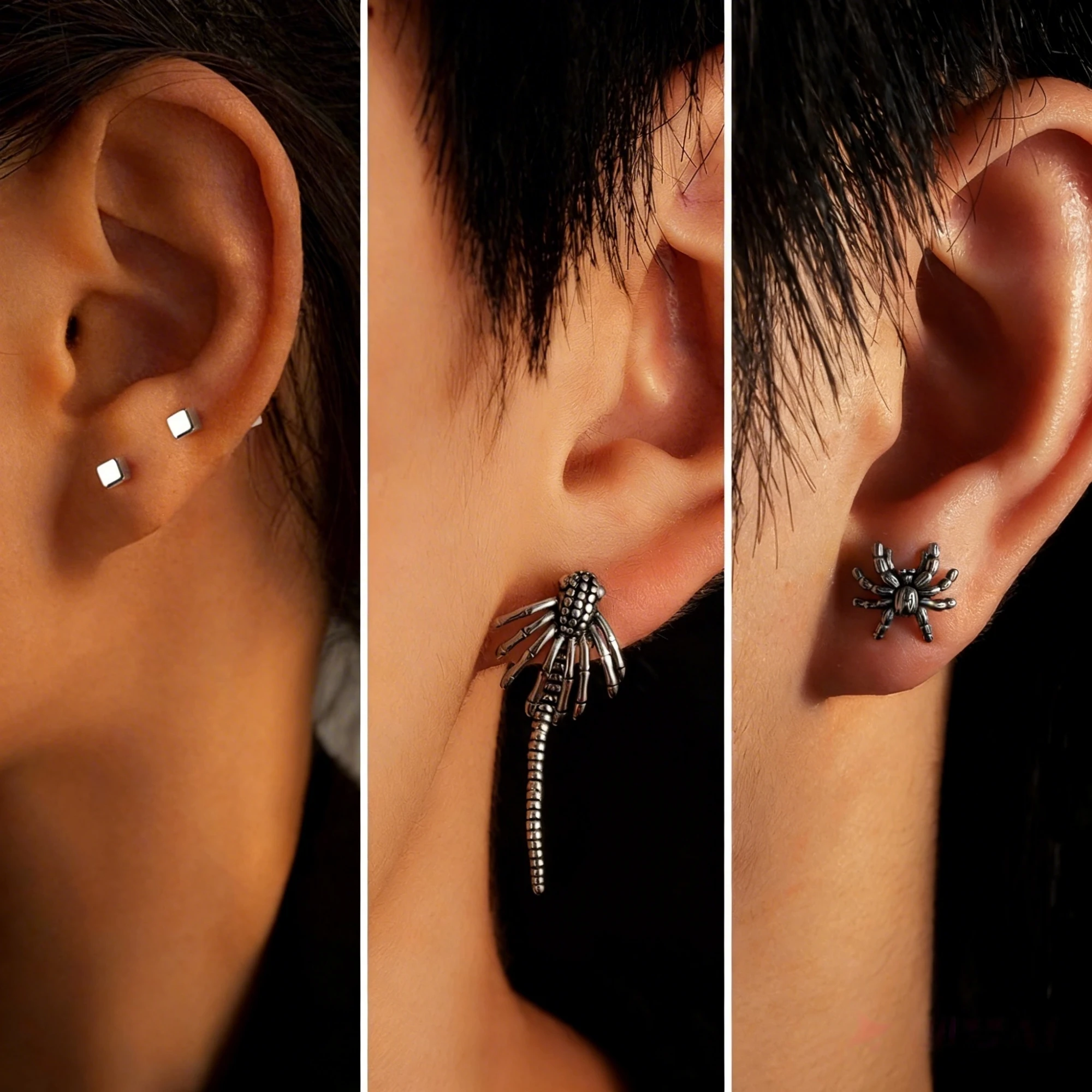 6-12Pair Retro Monster Spider Skull Stud Earring Set Punk Rock Goth Viking Stainless Steel Piercing Ear Jewelry For Men/Women