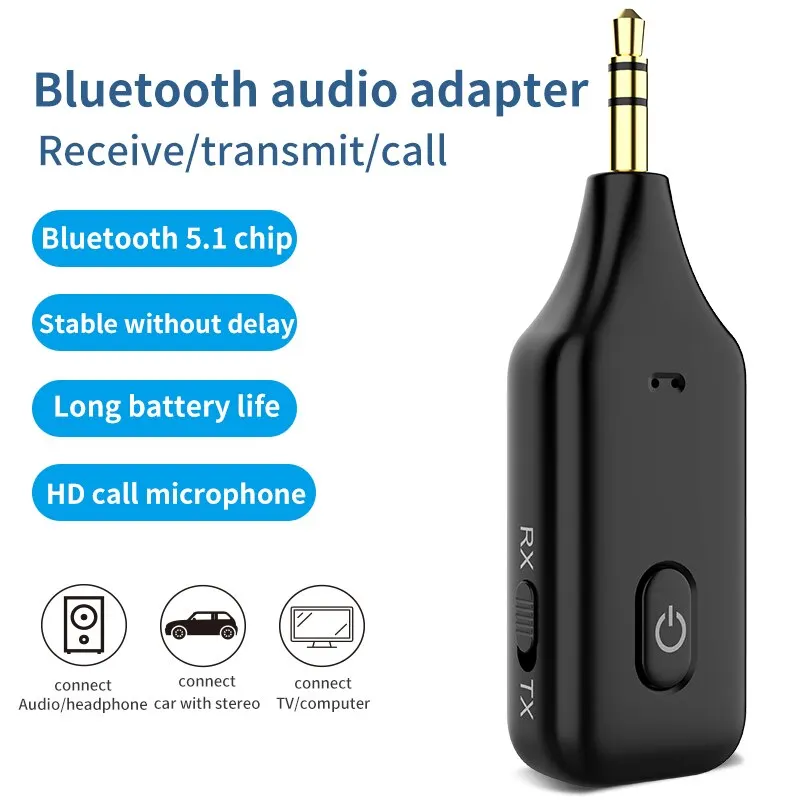 2 IN 1 Bluetooth 5.1 Receiver Transmitter 3.5mm 3.5 AUX Jack Handsfree Call Wireless Audio Adapter for Car Kit PC TV Headphones