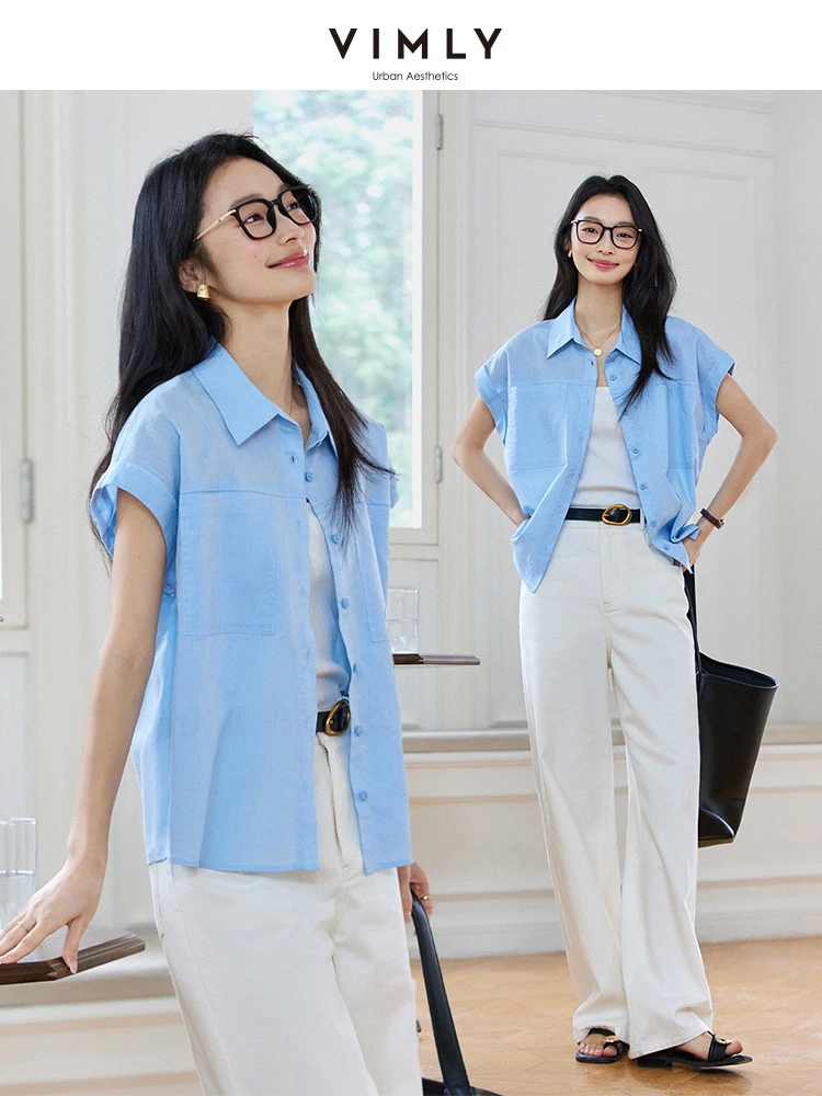

VIMLY Women Summer Blue Shirt Linen Cotton Blend Short Sleeve Tops for Woman 2025 Fashion Commute Button Up Shirt & Blouse M9909