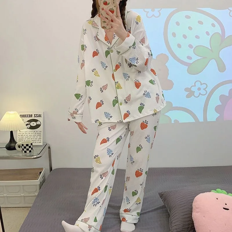 Women Spring Autumn Strawberry Pajamas Long-sleeved Cotton Yarn Advanced Sense Sleepwear Girls Japanese Sweet Home Service Suit