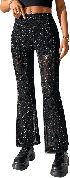 Gorglitter Pantaloni Da Festa Da Donna Pantaloni Neri Lucidi Trasparenti A Vita Alta M Pantaloni Da Club Da Donna Leggings Glitterati Capodanno Abbigliamento Sexy Da Donna Pantaloni Da Sera Elasticizzati-image