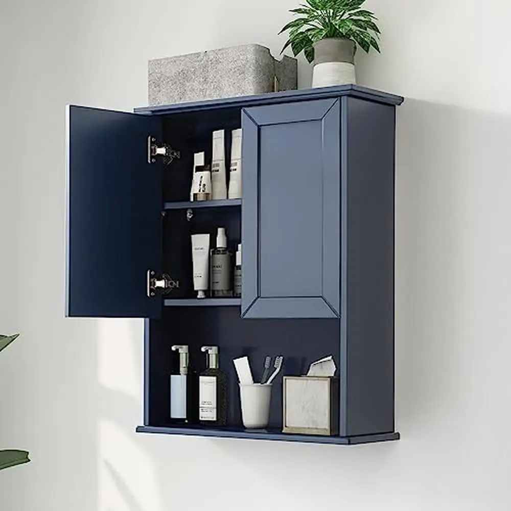 Blue Wall Mounted Bathroom Storage Cabinet Adjustable Shelf Soft Hinge Over Toilet Wood Medicine Cabinets Hanging Wall 23x29 in