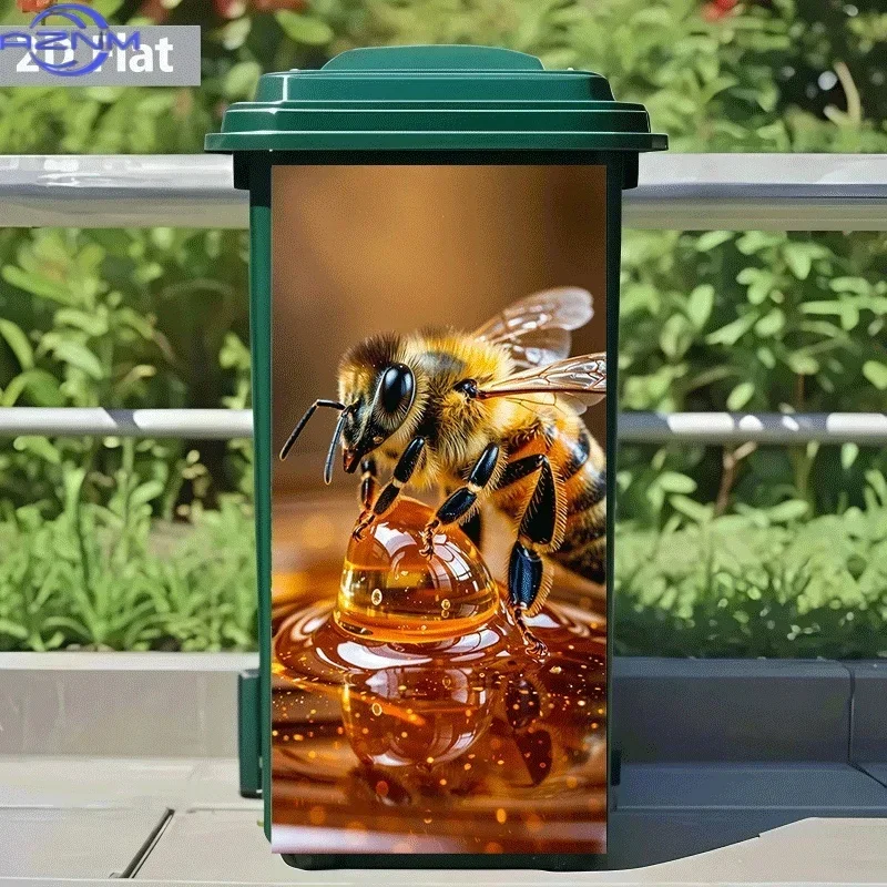 2D 1PC Flat Printing 1pc Trash Can Sticker, Bee Kissing Amber Honey Bead Theme Design, Self-Adhesive Wall Decal Wallpaper for