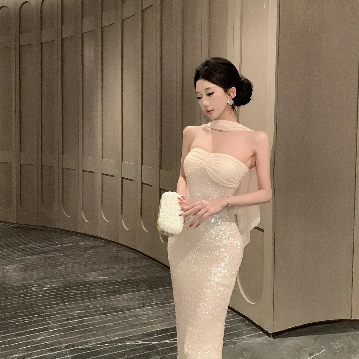 

Spring 2026 Sequin Bridesmaid Dr High Waist One oulder Long Evening Gown Birthday Par Dr with awl Slim Fit Maxi S...