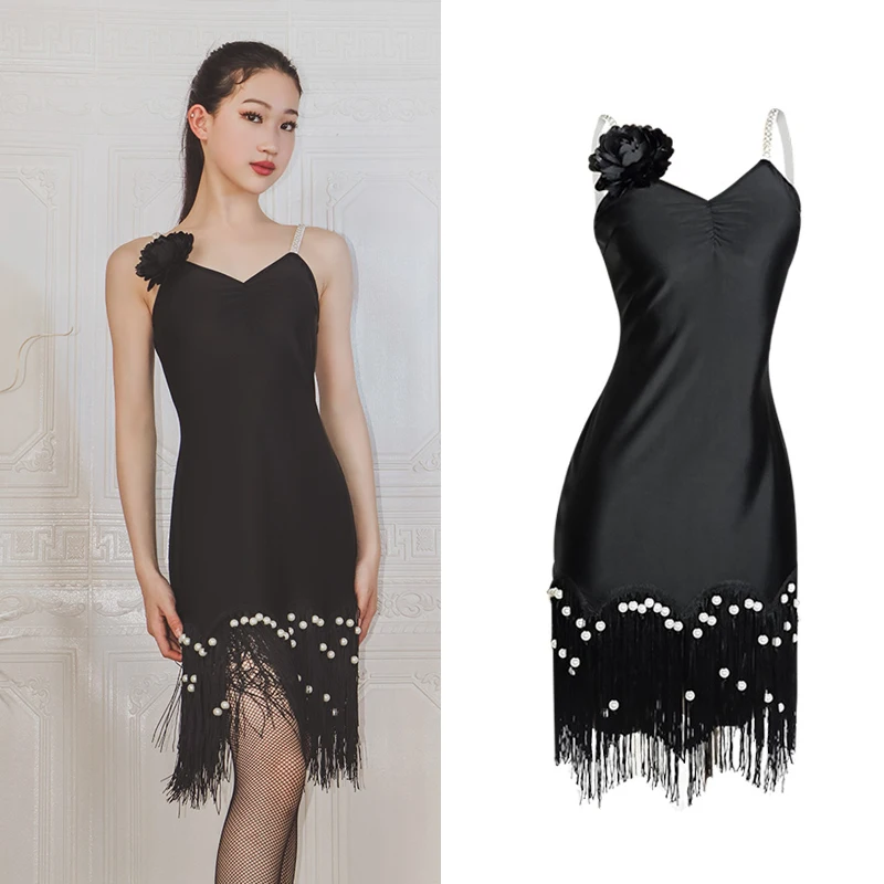 

2024 New National Standard Dance Suspender Pearl Fringed Dress Chacha Rumba Tango Adult Latin Dance Dress For Women DN14693