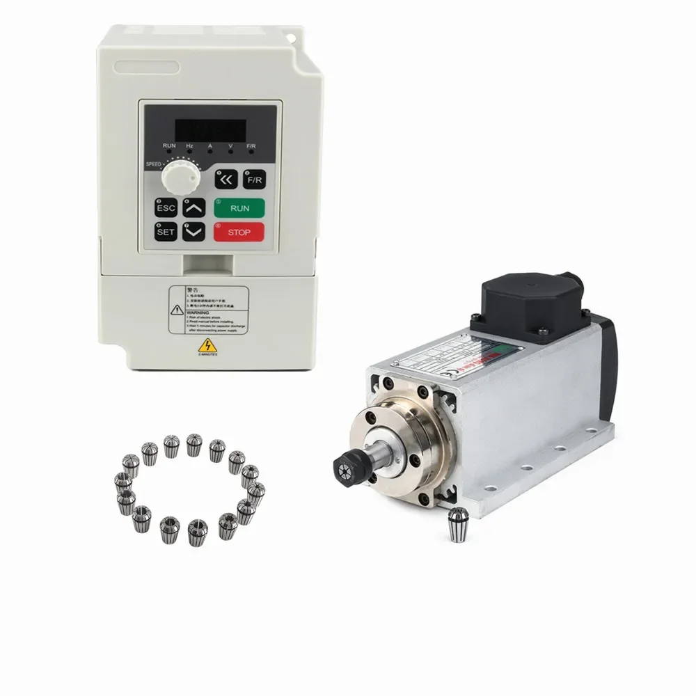 1.5 Kw 110V/220V Square Flanged Air Cooled CNC Router Spindle Motor and 1.5kw Inverter with 13PCS ER11 Collets