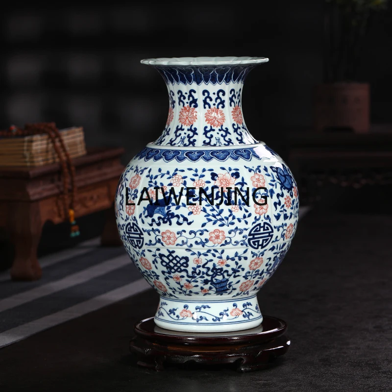 MJY Jingdezhen ceramic blue and white underglaze red vase ornament Chinese living room decoration