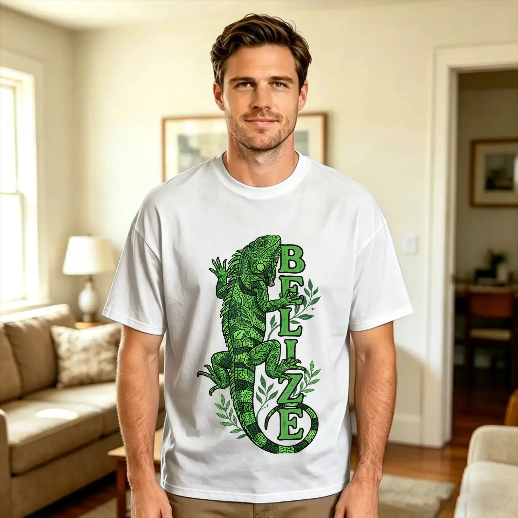 Casual T-Shirt Summer Belize Green Iguana Graphic with Intricate Botanical Pattern Novelty TShirts Cotton Tee Shirt Short Sleeve